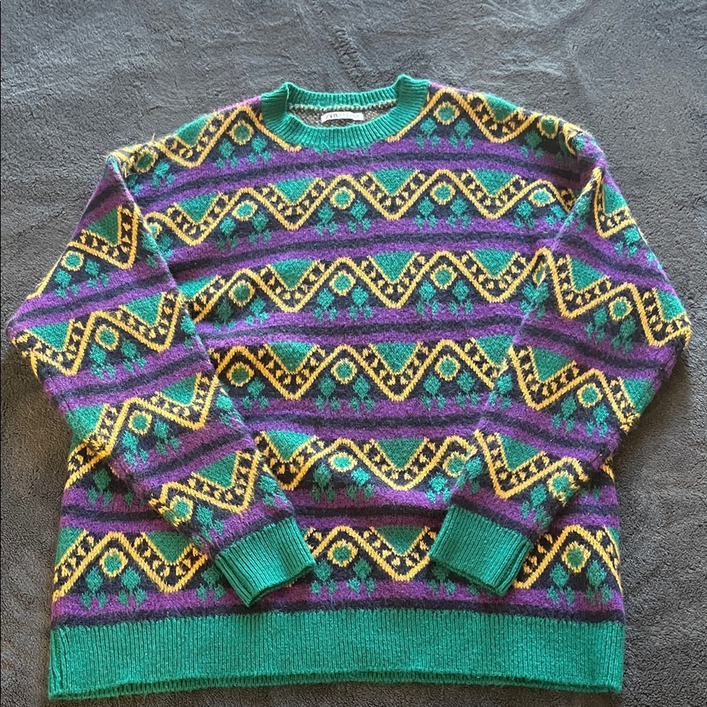 Zara Men's Sweater in Green, Purple, and Yellow